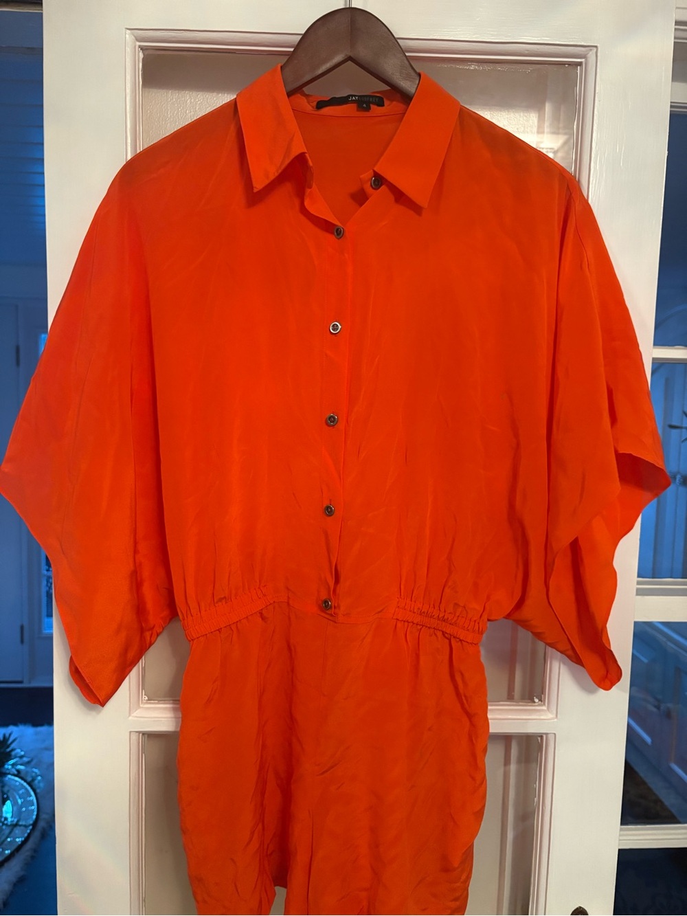 Womens Orange Button-Up Romper Lightweight Collared Style